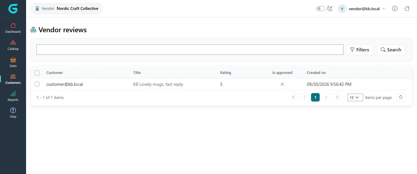 The admin Vendor reviews list with vendor, customer, title, rating, approved flag and date