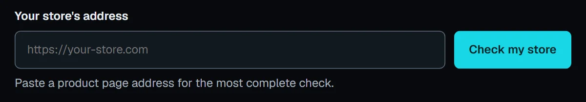 The GrandNode AI readiness checker: a field for the store's address and a Check my store button