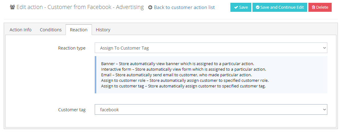 Screen from the reaction tab in Customer Action section in GrandNode
