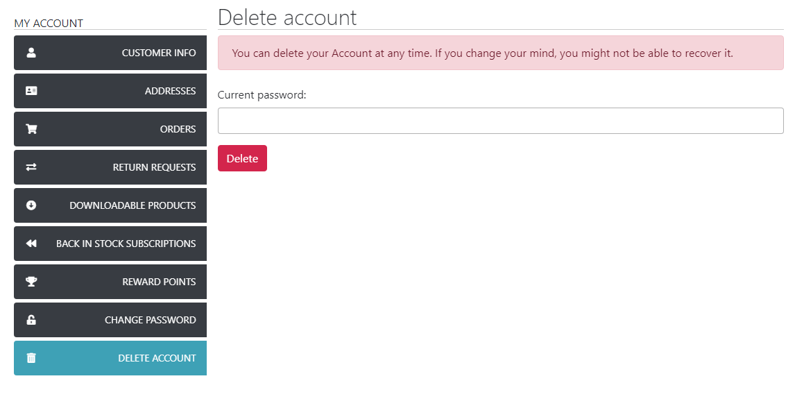 Delete account - My account section