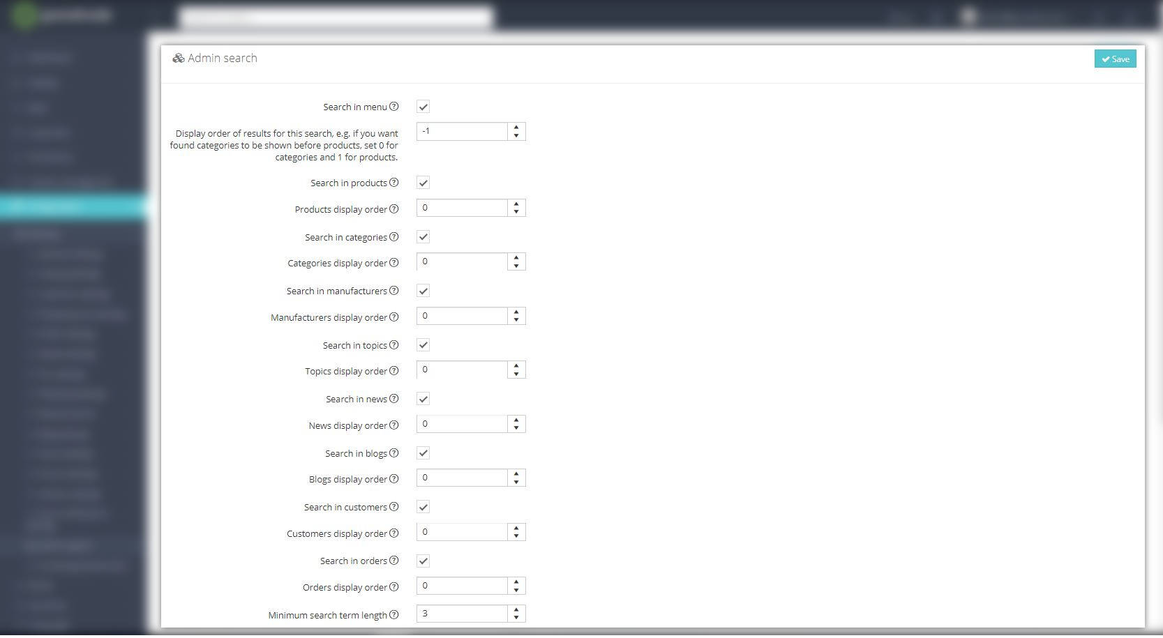 Admin search settings in GrandNode