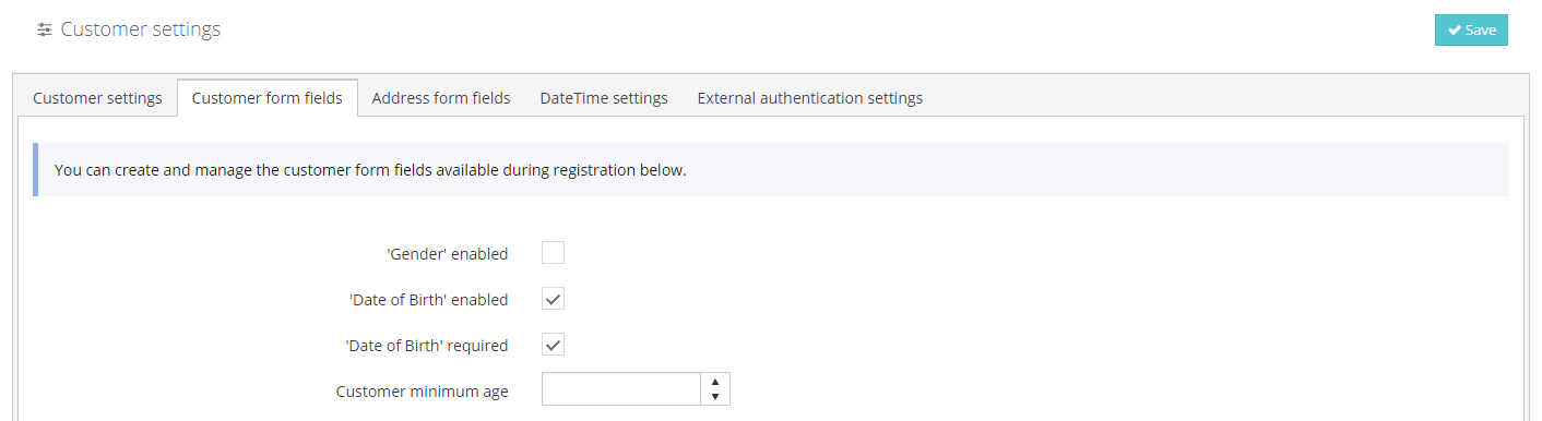 Screen from customer form fields settings